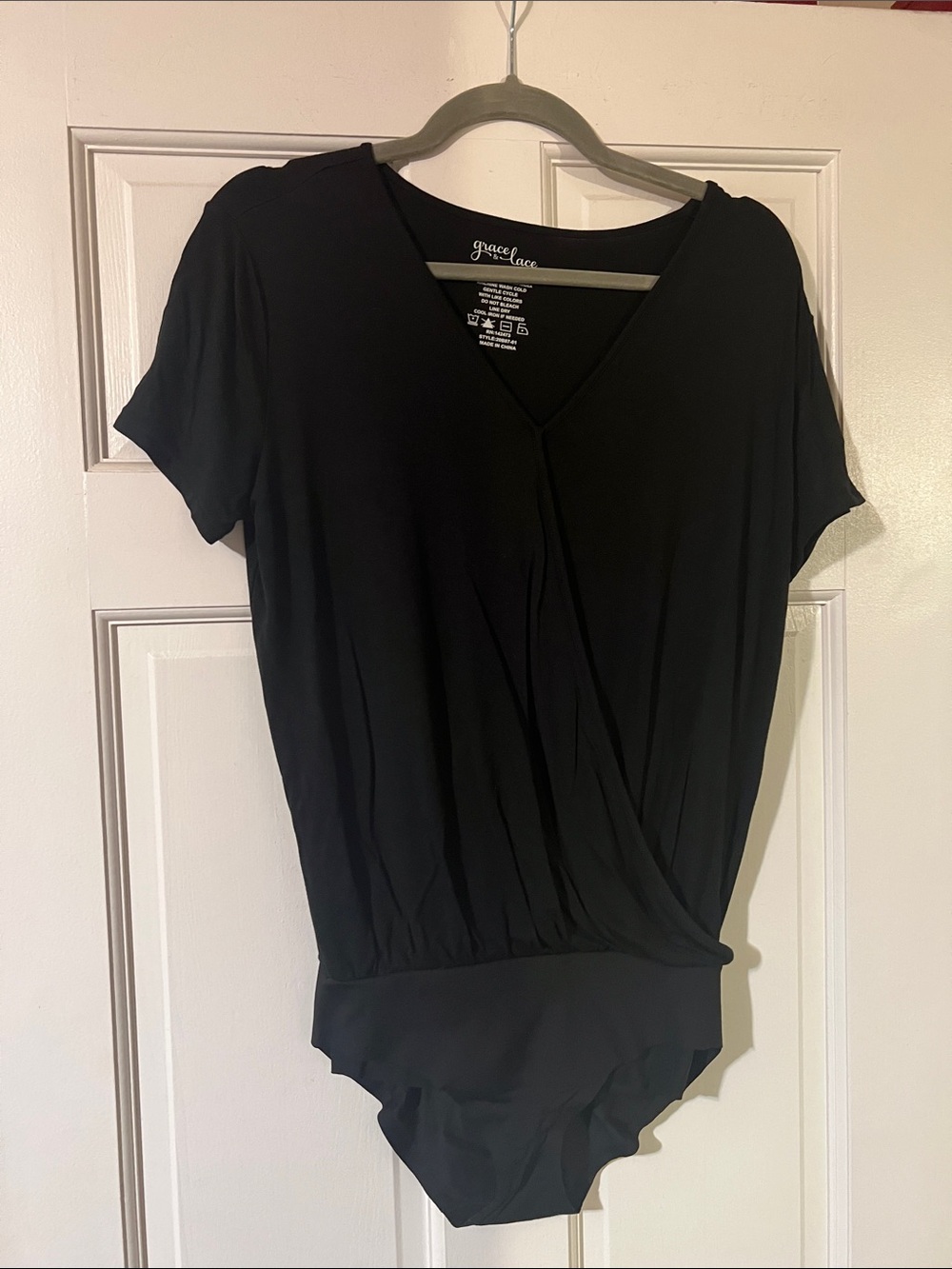 Grace & Lace Black Short Sleeve Surplice Bodysuit